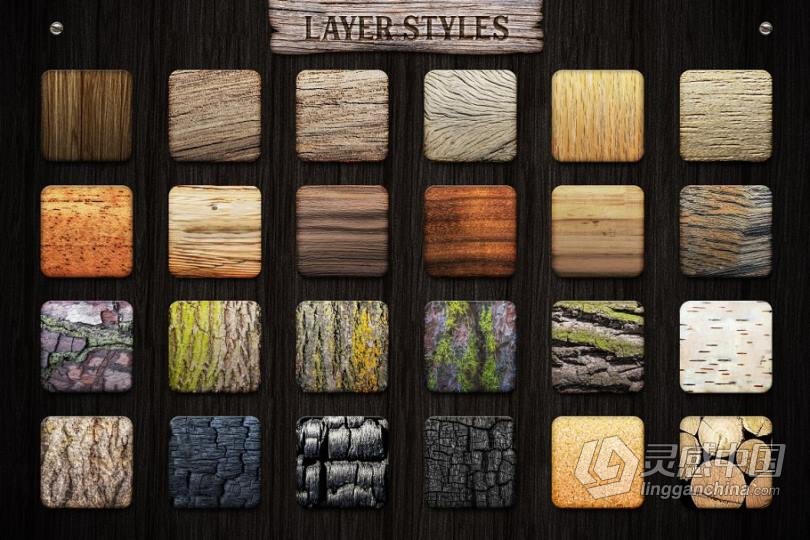 木质纹理Photoshop样式完整套件(包含样式ASL+纹理JPG+挂件摆件PNG) WOODY Texture Photoshop Styles KIT  福风灵感网 www.ffidea.com