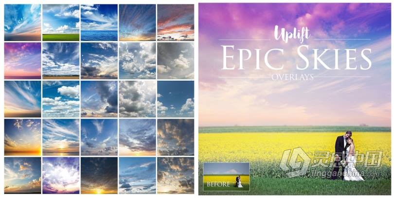 一键换天空-婚纱大片替PS动作+教程 EPIC Skies Cloud Overlays Action  福风灵感网 www.ffidea.com