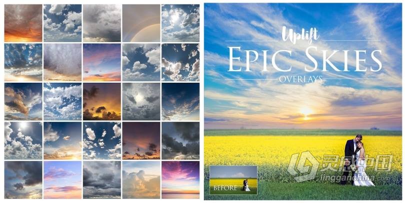 一键换天空-婚纱大片替PS动作+教程 EPIC Skies Cloud Overlays Action  福风灵感网 www.ffidea.com