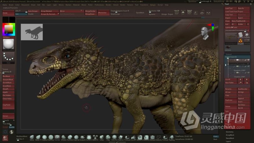 Zbrush教程 Zbrush逼真恐龙雕刻建模与贴图完整制作工作流程视频教程  福风灵感网 www.ffidea.com