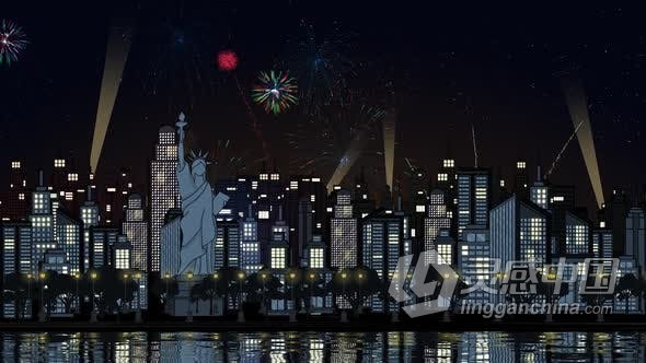 视频素材 卡通剪影晚上城市烟花动画背景视频素材视频素材下载  福风灵感网 www.ffidea.com