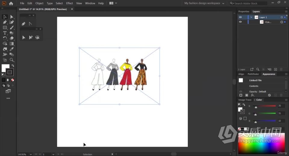 AI初学者时装设计草图到矢量插图创作过程工作流程视频教程  福风灵感网 www.ffidea.com