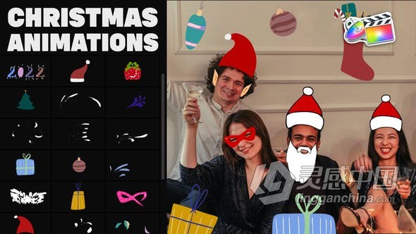 FCPX插件-30组手绘动画圣诞元素面具贴纸抖音添加表情动画效果 Christmas Mask And Sticker Animations for FCPX  福风灵感网 www.ffidea.com