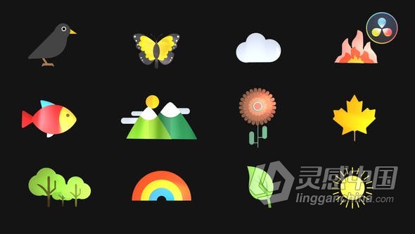 DR达芬奇模板-17个动画自然图标花鸟鱼风景蝴蝶树叶等 Nature Animated Icons  福风灵感网 www.ffidea.com