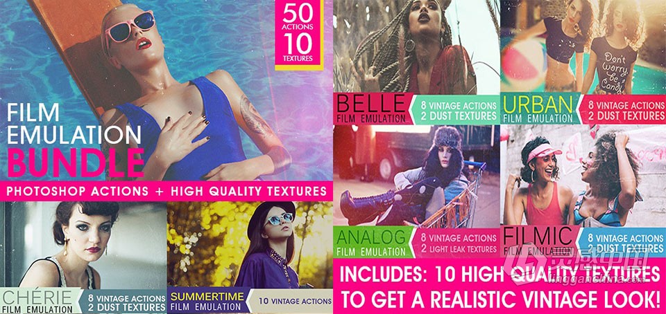模拟电影胶片调色动作6个+纹理素材合集 Film Emulation: Actions and Textures Bundle  福风灵感网 www.ffidea.com
