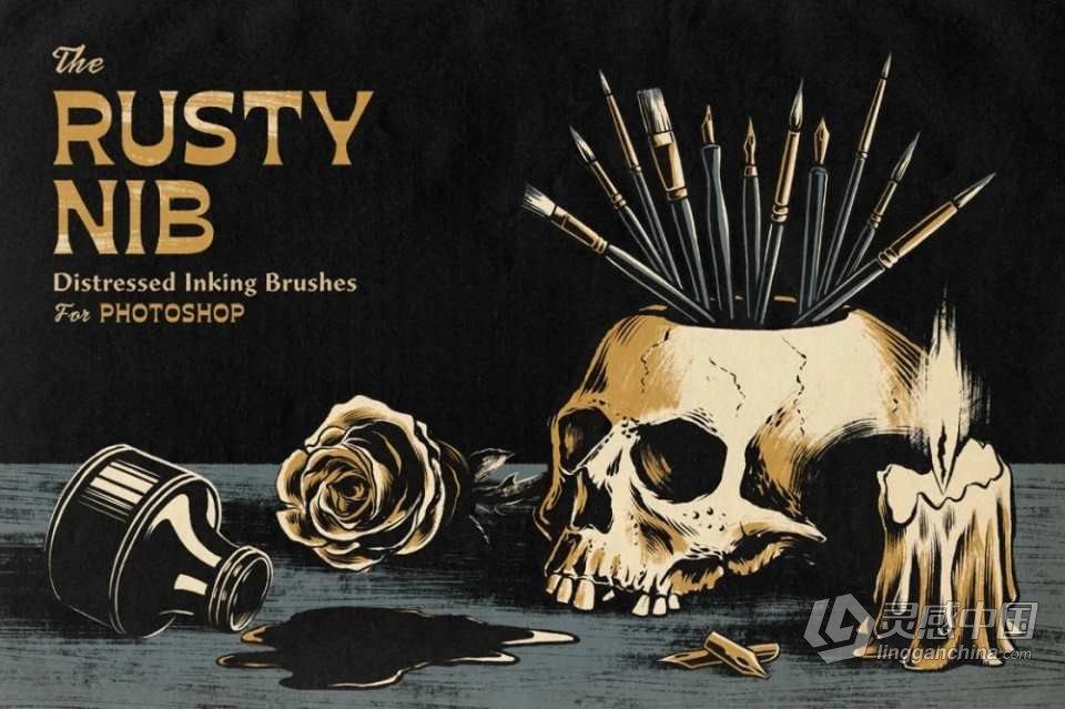 【PS笔刷】130个复古仿旧水墨画笔笔触PS笔刷 The Rusty Nib for Photoshop  福风灵感网 www.ffidea.com