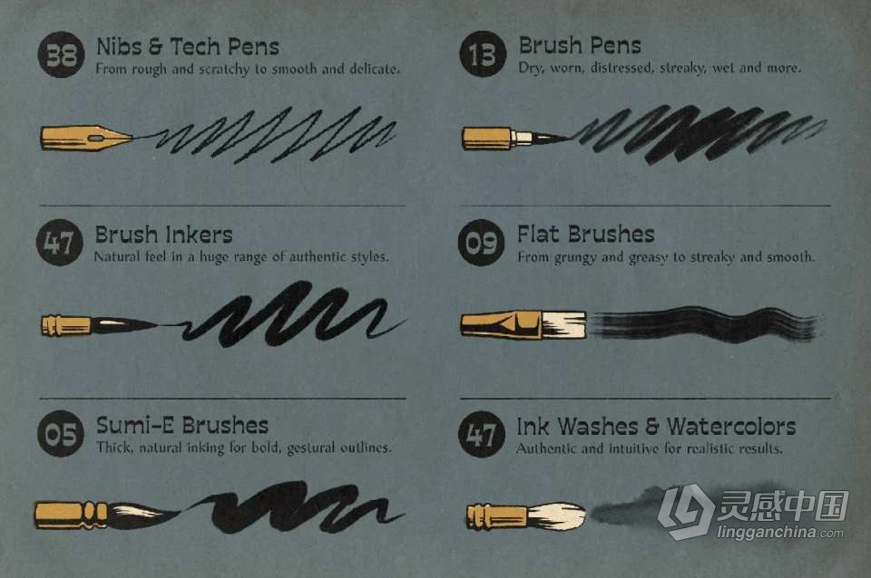 【PS笔刷】130个复古仿旧水墨画笔笔触PS笔刷 The Rusty Nib for Photoshop  福风灵感网 www.ffidea.com