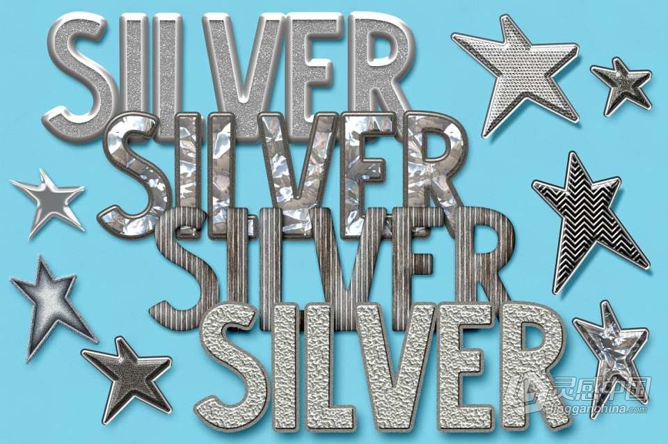 【PS样式】40款高端银质与彩虹星光PS图层样式 Silver Bling Photoshop Layer Styles  福风灵感网 www.ffidea.com