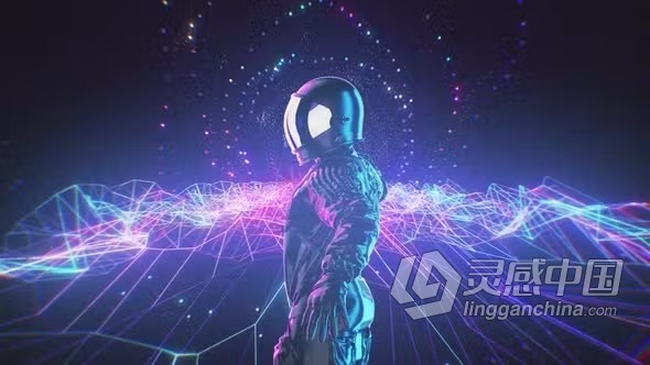 视频素材-有趣的舞蹈宇航员与霓虹灯复古灯脉动闪烁舞台背景VJ视频素材下载  福风灵感网 www.ffidea.com