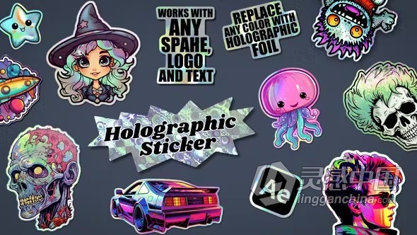 AE模板-卡通漫画全息贴纸动画元素AE模板下载 Holographic Sticker  福风灵感网 www.ffidea.com