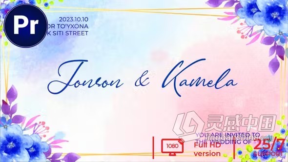 蓝紫色花卉标题婚礼请柬活动邀请函PR模板下载 4 in 1 Floral Wedding Invitation Blue MOGRT  福风灵感网 www.ffidea.com