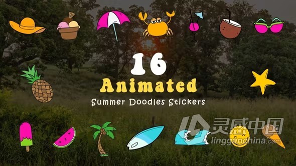 夏季主题涂鸦贴纸趣味生动矢量动画AE模板下载 Vector Animated Summer Doodle Stickers  福风灵感网 www.ffidea.com