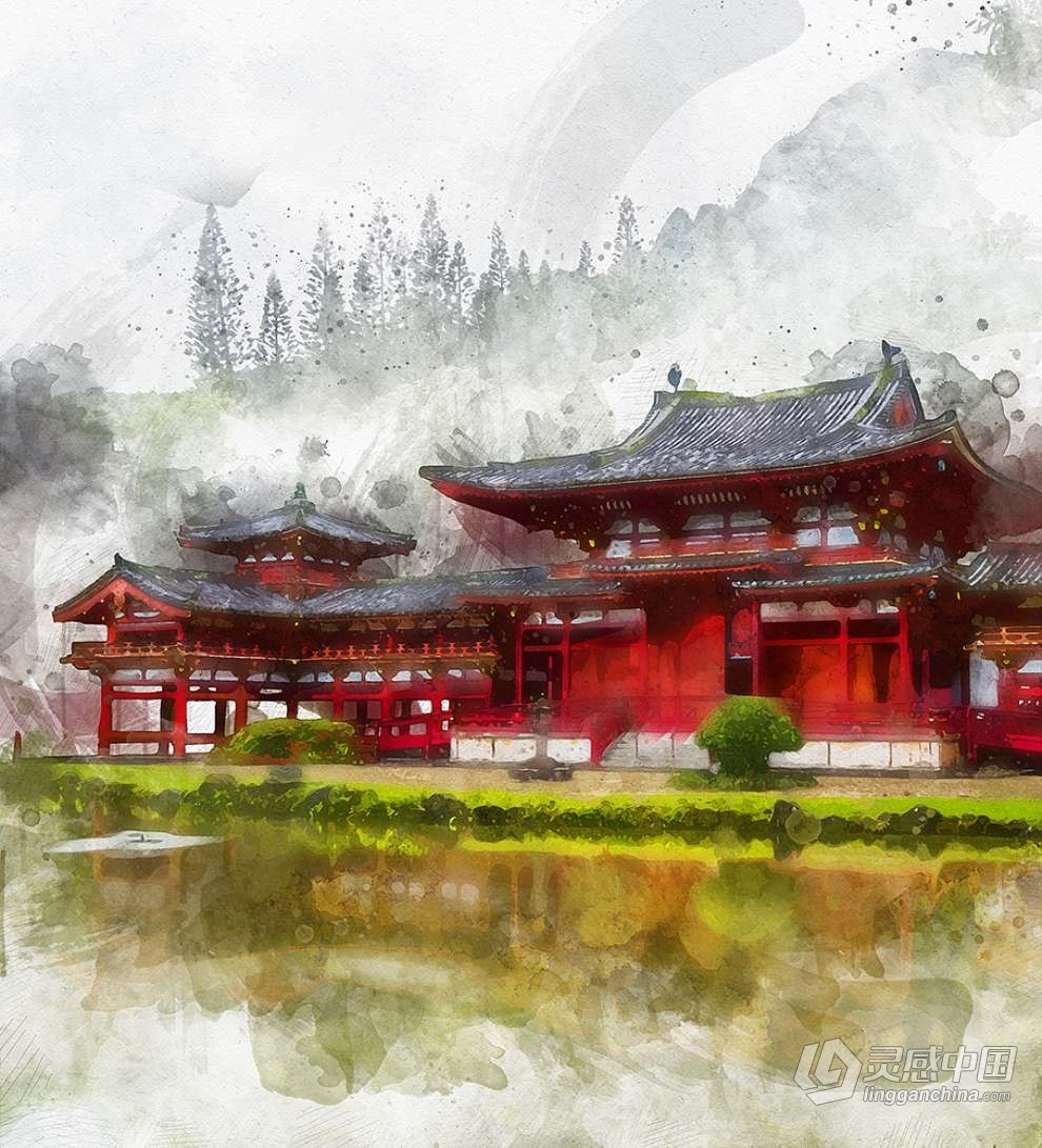 PS特效动作一键生成手绘水墨水彩画效果中国风照片 Asian Watercolor Photoshop Action  福风灵感网 www.ffidea.com