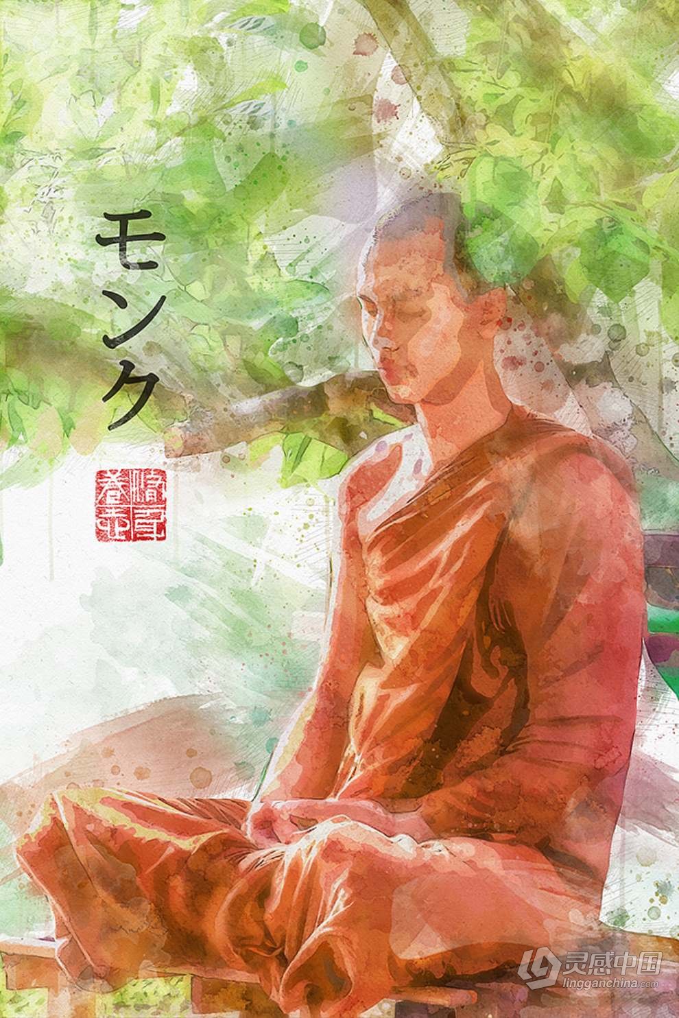 PS特效动作一键生成手绘水墨水彩画效果中国风照片 Asian Watercolor Photoshop Action  福风灵感网 www.ffidea.com