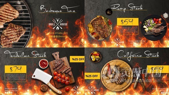 披萨西餐牛排美味宵夜烧烤食品菜单介绍餐饮广告AE模版 Barbecue Food Promo  福风灵感网 www.ffidea.com
