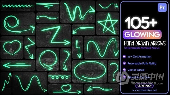 105+动画发光手绘箭头元素Mogrt动态图形动画-PR模板 105 Glowing Hand Drawn Arrows Mogrt  福风灵感网 www.ffidea.com