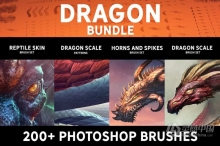 200款龙鳞纹有鳞爬行动物鳞片皮肤无缝纹理PS笔刷 Dragon Bundle Brushes