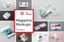 52款书本杂志图书手册装订效果展示PS模型样机 Magazine Mockups – 52 Scenes
